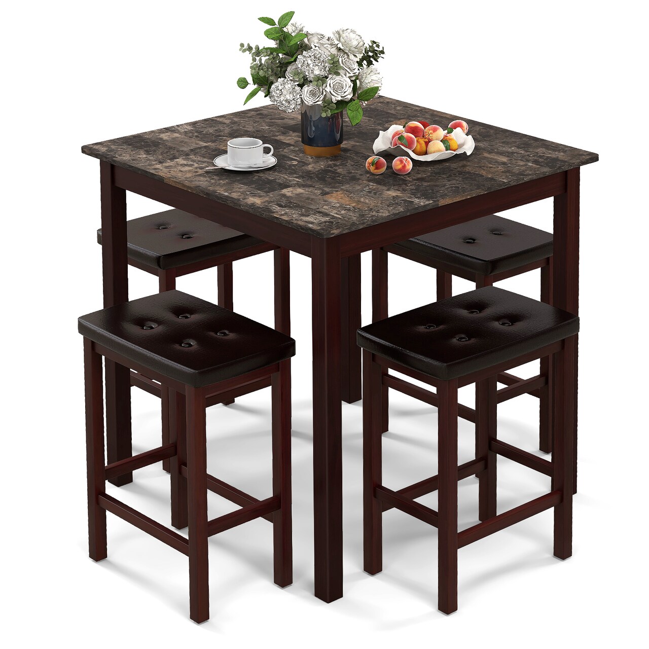 5-Piece Counter-Height Dining Table Set with Wooden Table and Metal Bar Stools, Stylish and Space-Saving